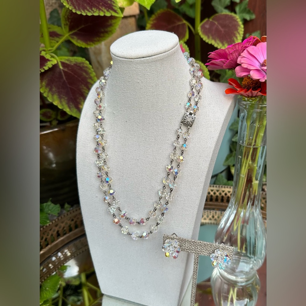 1950s Fairytale Facets Crystal Aurora Borealis Necklace and Earrings Jewelry Set